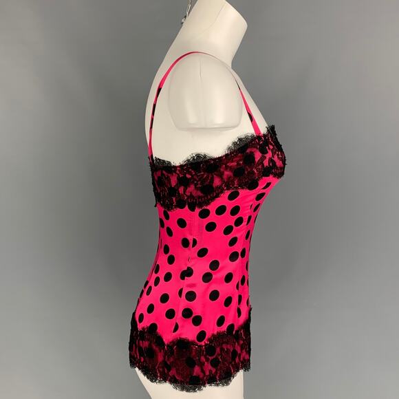 D&G by DOLCE & GABBANA Size 2 Fuchsia Black Silk Polka Dot Casual Top - Picture 2 of 6